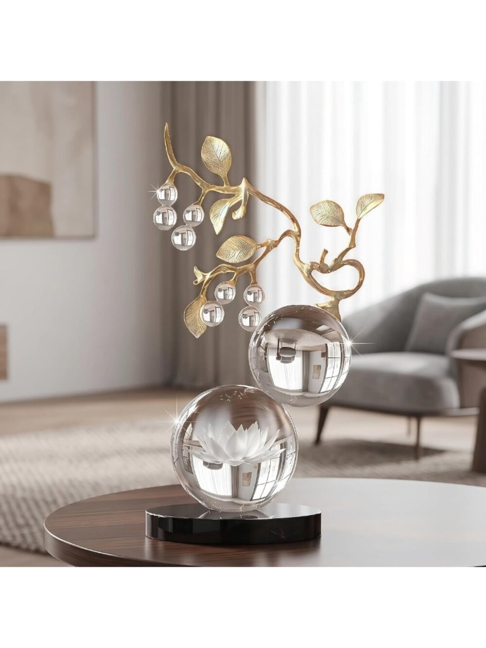 Nature-Inspired Large Glass Sculpture with Gold Branch - Minimalist Home Decor